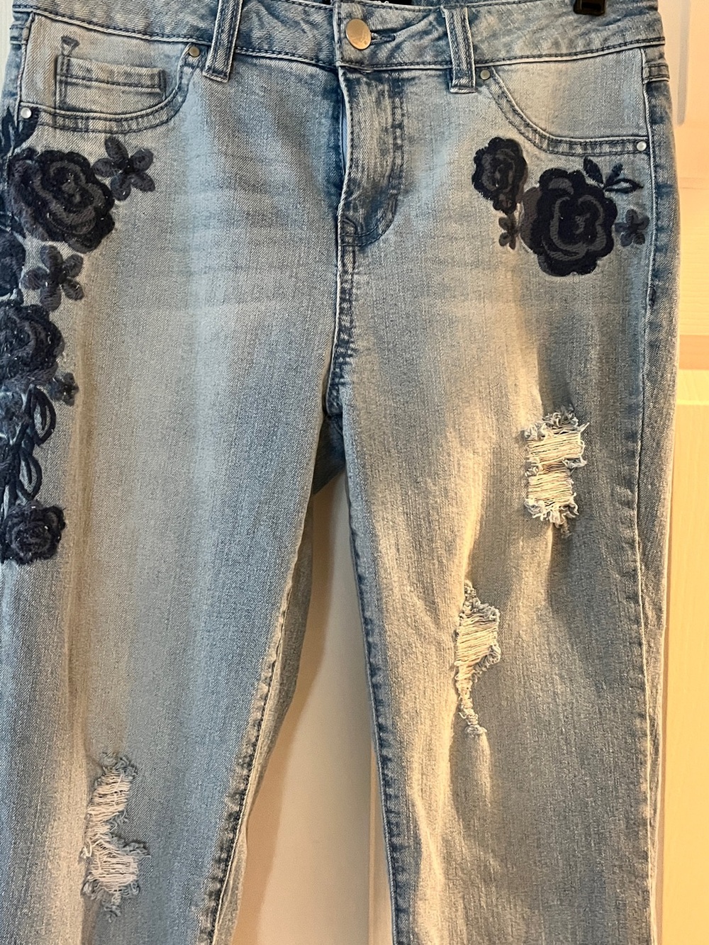 d. jeans Light Blue Skinny Jeans with Navy Floral Embroidery
